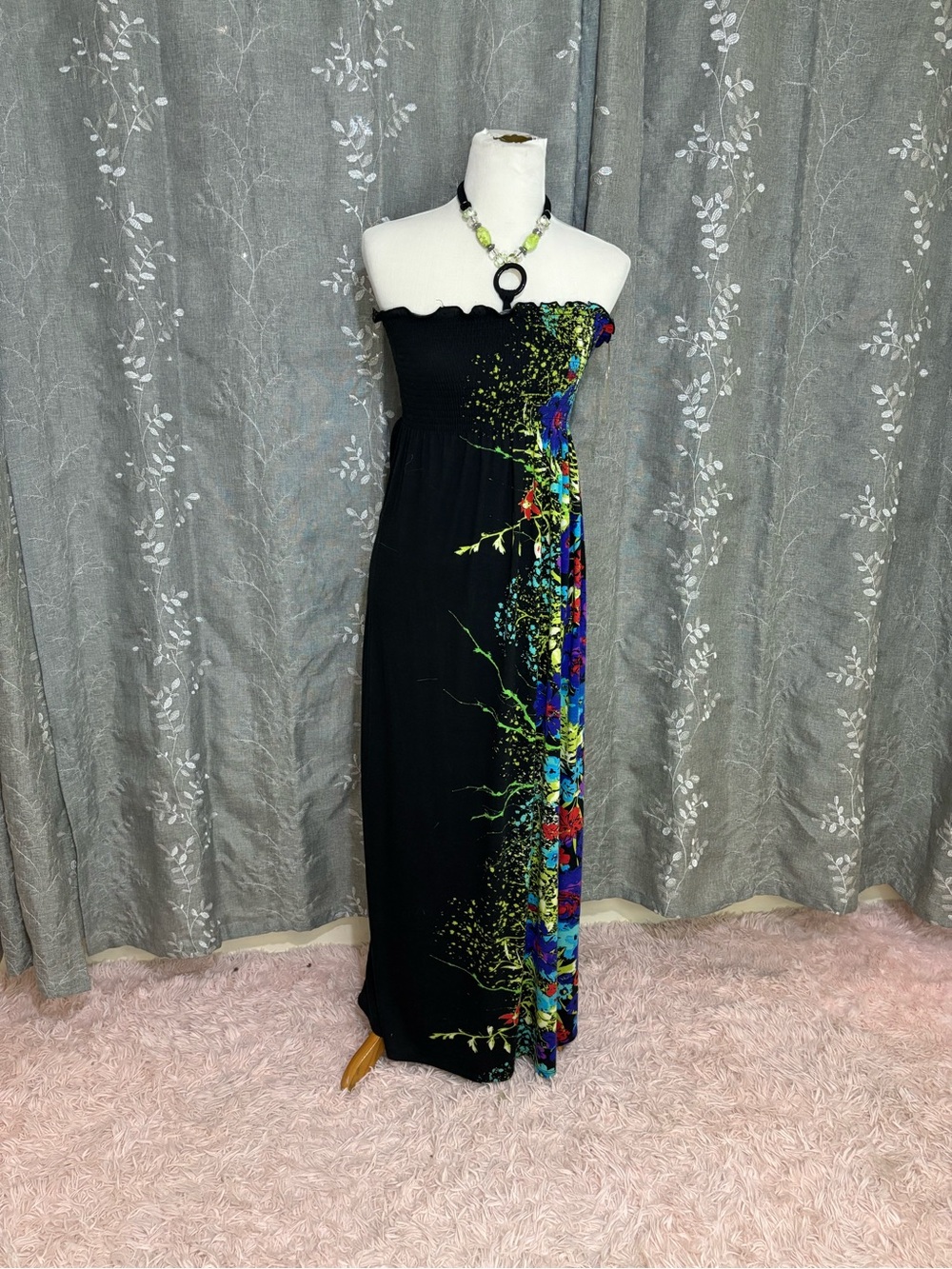 Planet Gold Black Strapless Maxi Dress with Vibrant Floral Side Panel